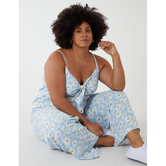 Curve Daisy Print Tie Front Jumpsuit Curve Daisy Print Tie Front Jumpsuit