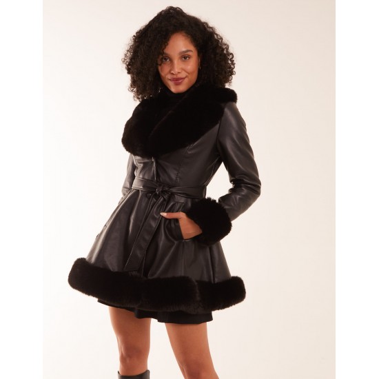 PU Faux Fur Trimmed Belted Coat PU Faux Fur Trimmed Belted Coat