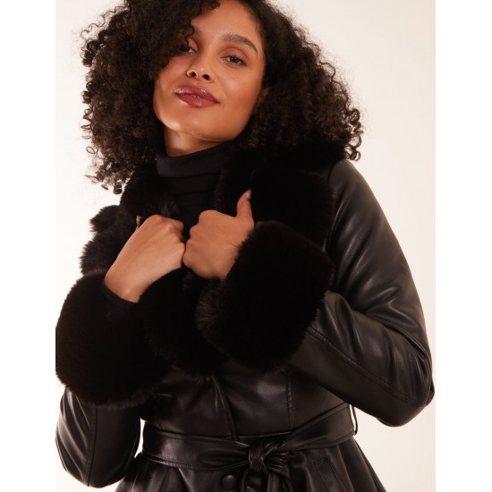 PU Faux Fur Trimmed Belted Coat PU Faux Fur Trimmed Belted Coat