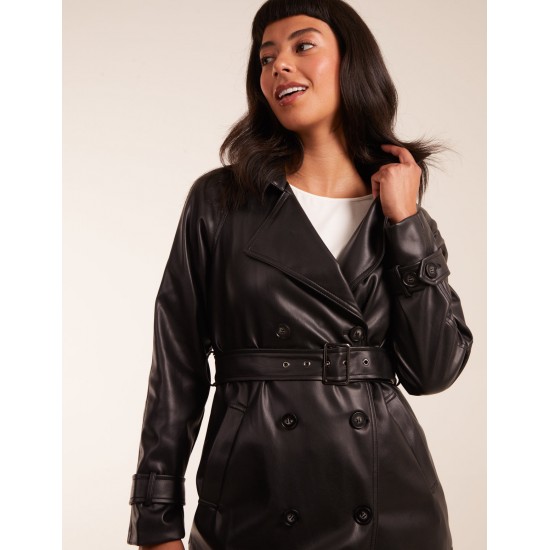 Faux Leather Belted Trench Coat Faux Leather Belted Trench Coat