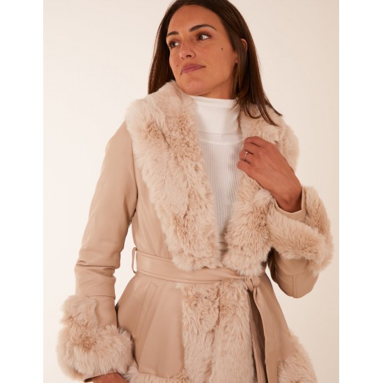 Faux Fur PU Coat With Belt Faux Fur PU Coat With Belt