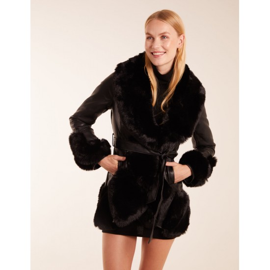 Faux Fur Collar PU Belted Coat Faux Fur Collar PU Belted Coat