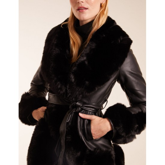 Faux Fur Collar PU Belted Coat Faux Fur Collar PU Belted Coat
